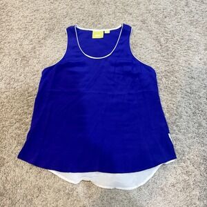 Maeve Shirt Womens 10 Blue Silk Tank Sleeveless High Low Hem Contrast Trim‎